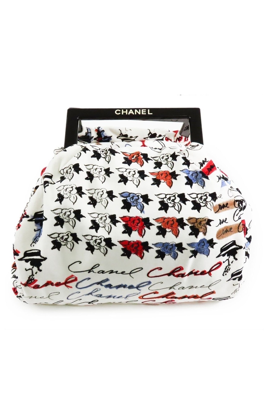 Chanel Camellia Plastic Handle Bag White Black Multicolor Silver Velour Coco